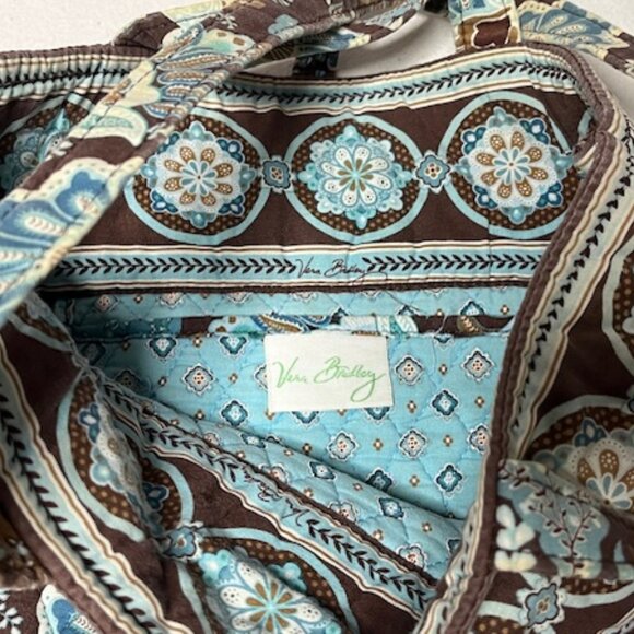 Vera Bradley Quilted Floral Shoulder Tote Travel Bag Brown Blue 13"x14" - Picture 12 of 16